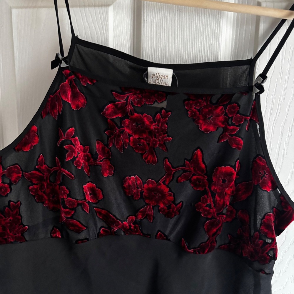 Gilligan & OMalley Black Floral Velvet Whimsy Goth Sheer Slip Dress L Vintage - Picture 2 of 6